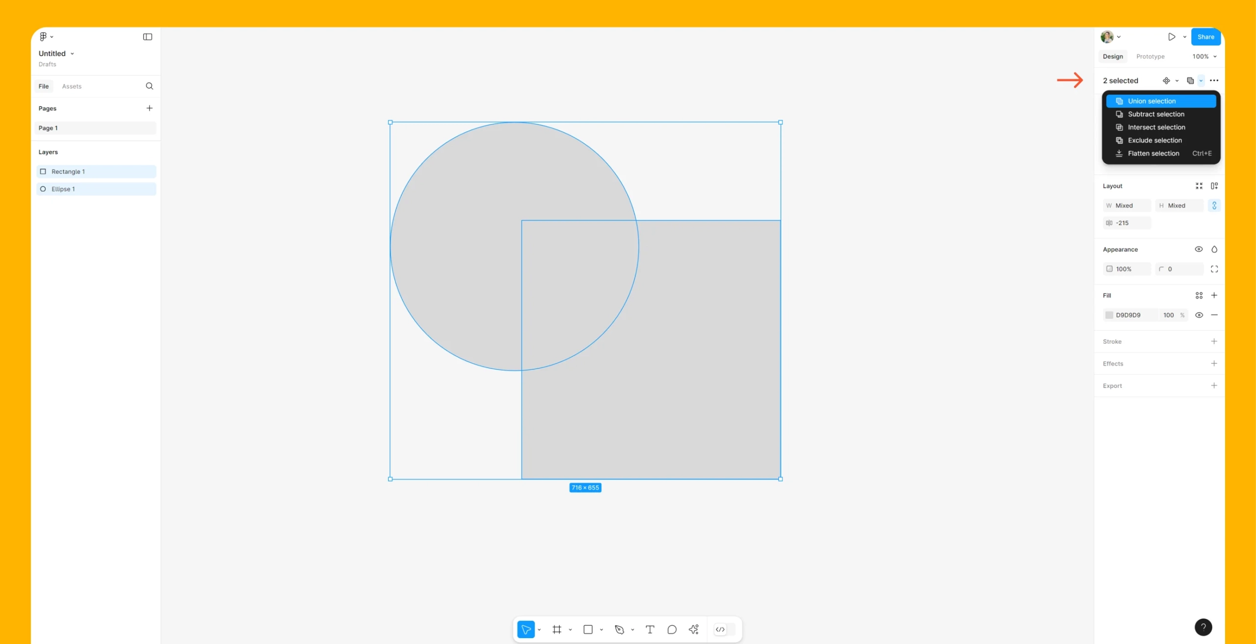 Fusionner deux calques avec le pathfinder dans Figma