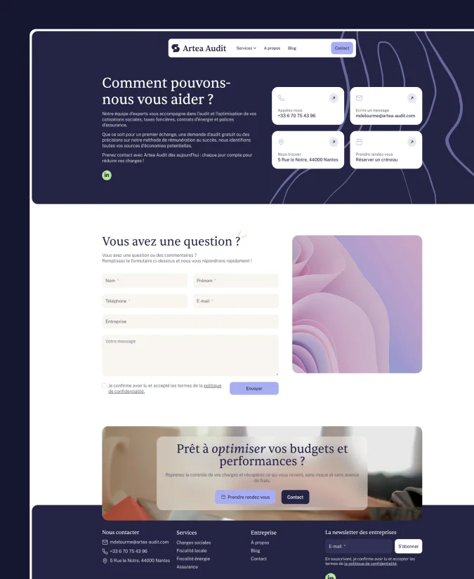 Artea Audit - création site web page contact