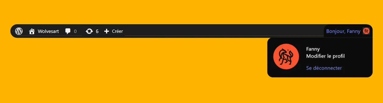 Barre d'administration WordPress avec le menu utilisateur ouvert, affichant les options Modifier le profil et Se déconnecter pour Fanny