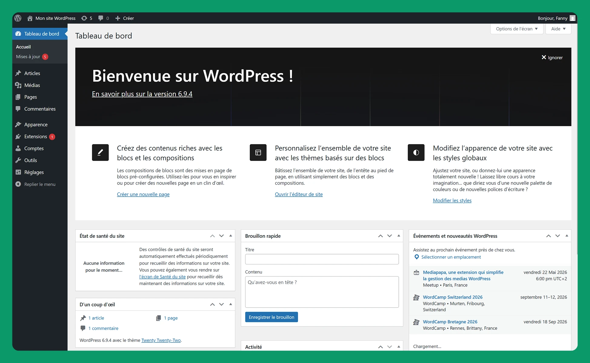 Tableau de bord WordPress