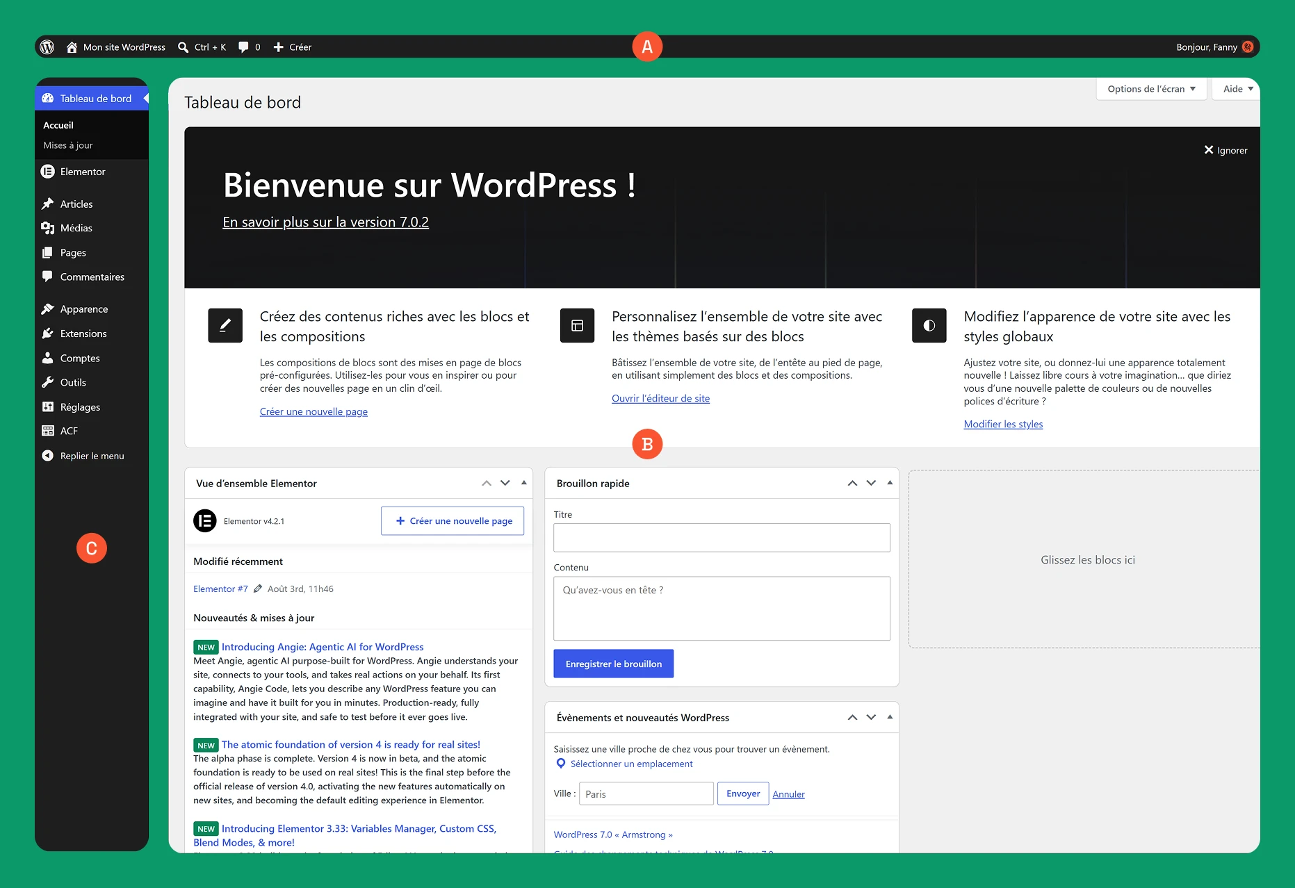 Tableau de bord WordPress avec le panneau d'administration, affichant les widgets Elementor, Brouillon rapide et Événements WordPress