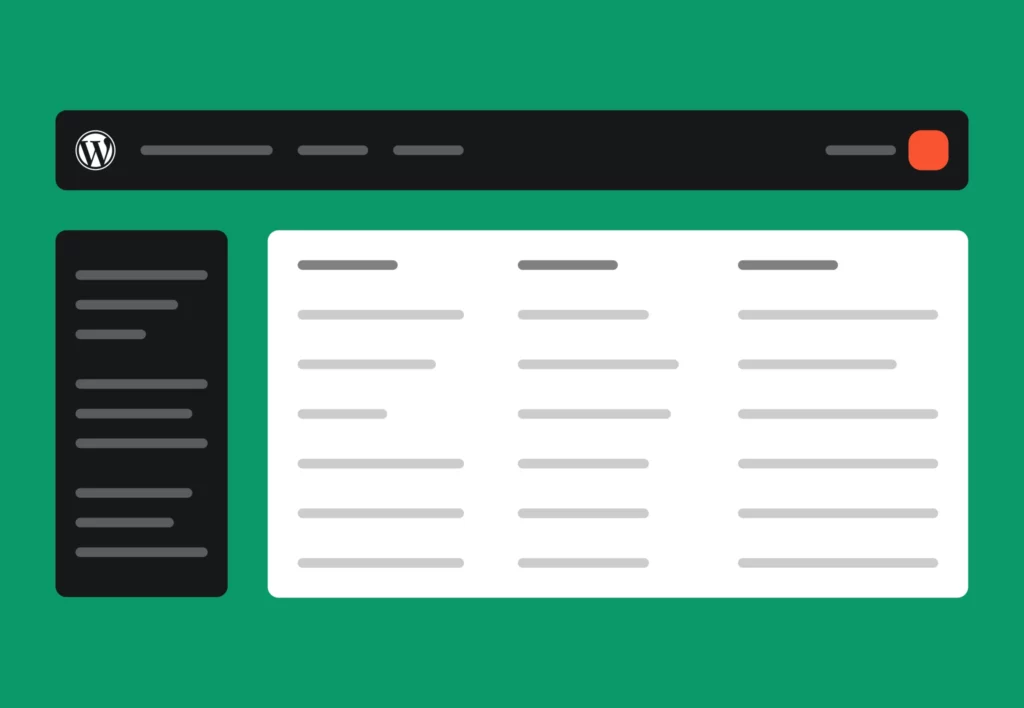 Illustration du tableau de bord WordPress avec barre de navigation, menu latéral et panneau de contenu en colonnes