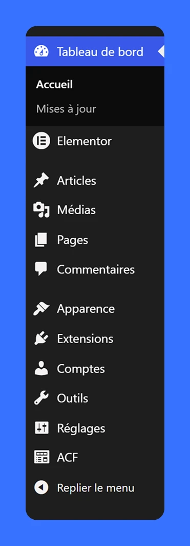Menu latéral du tableau de bord WordPress avec les options : Accueil, Mises à jour, Elementor, Articles, Médias, Pages, Commentaires, Apparence, Extensions, Comptes, Outils, Réglages, ACF