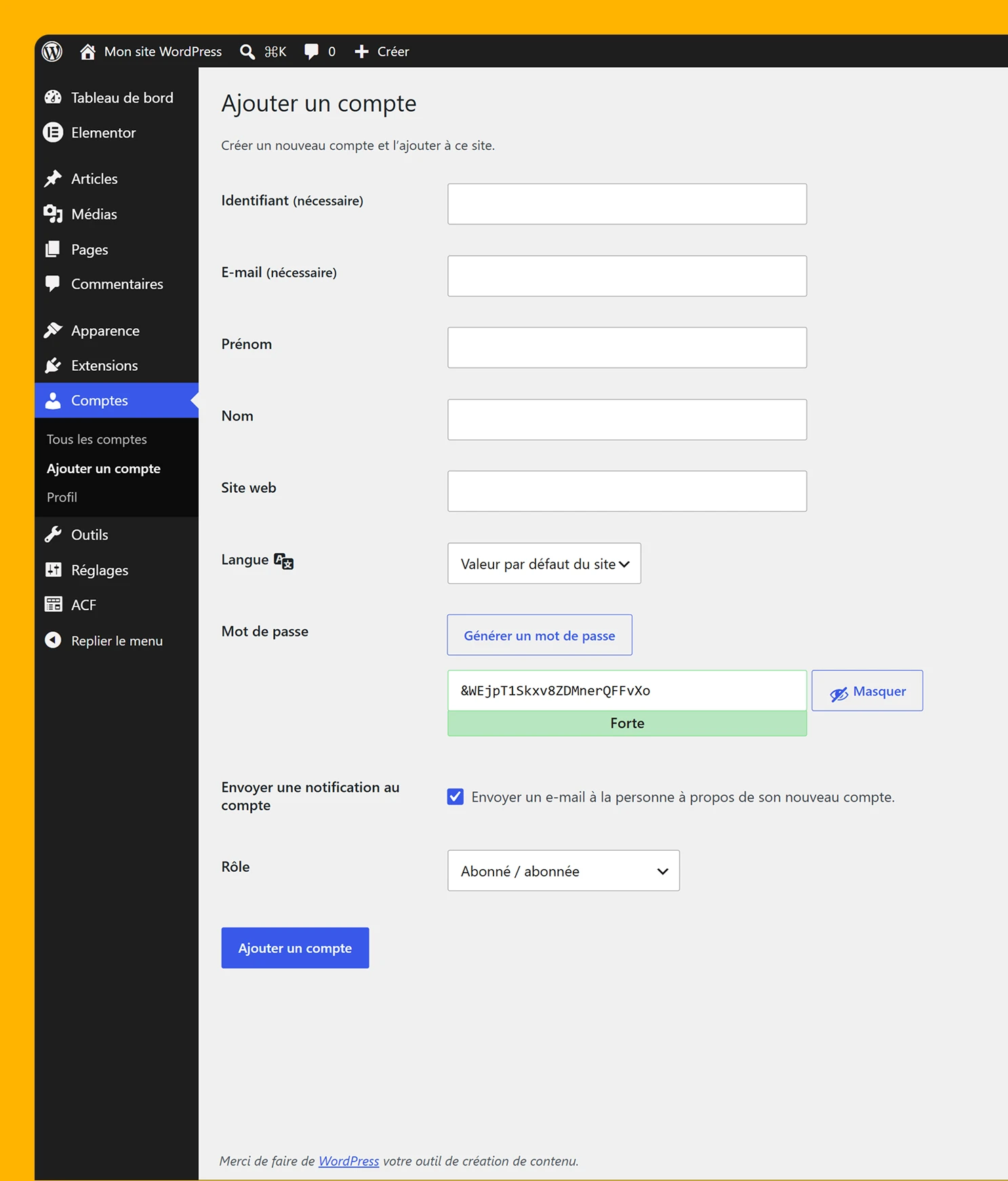 Formulaire WordPress « Ajouter un compte » avec les champs identifiant, e-mail, prénom, nom, site web, langue, mot de passe et rôle