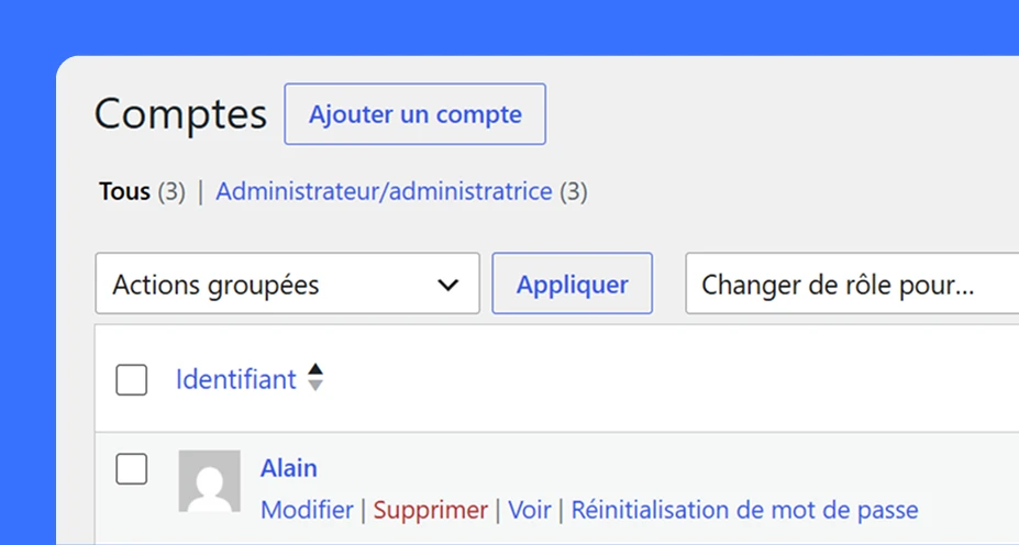 Interface de gestion des comptes avec options pour ajouter, modifier, supprimer ou réinitialiser le mot de passe d'un utilisateur
