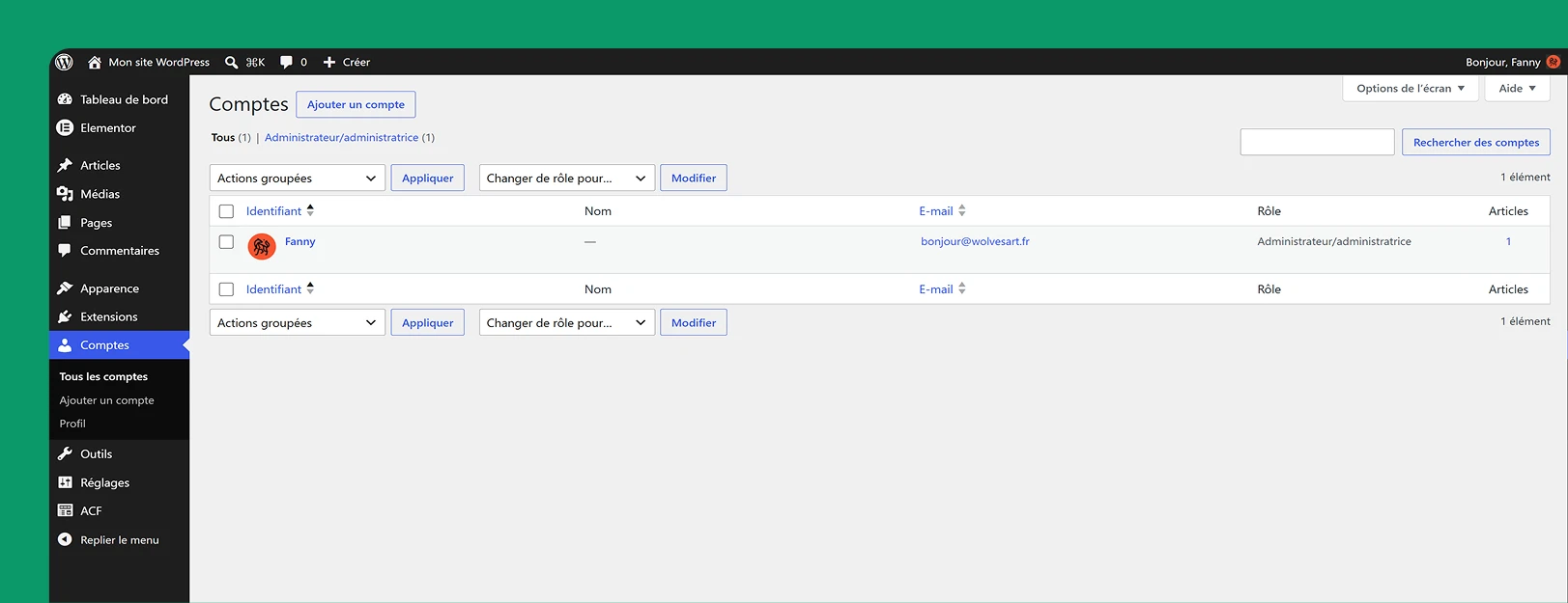 Page de gestion des comptes WordPress
