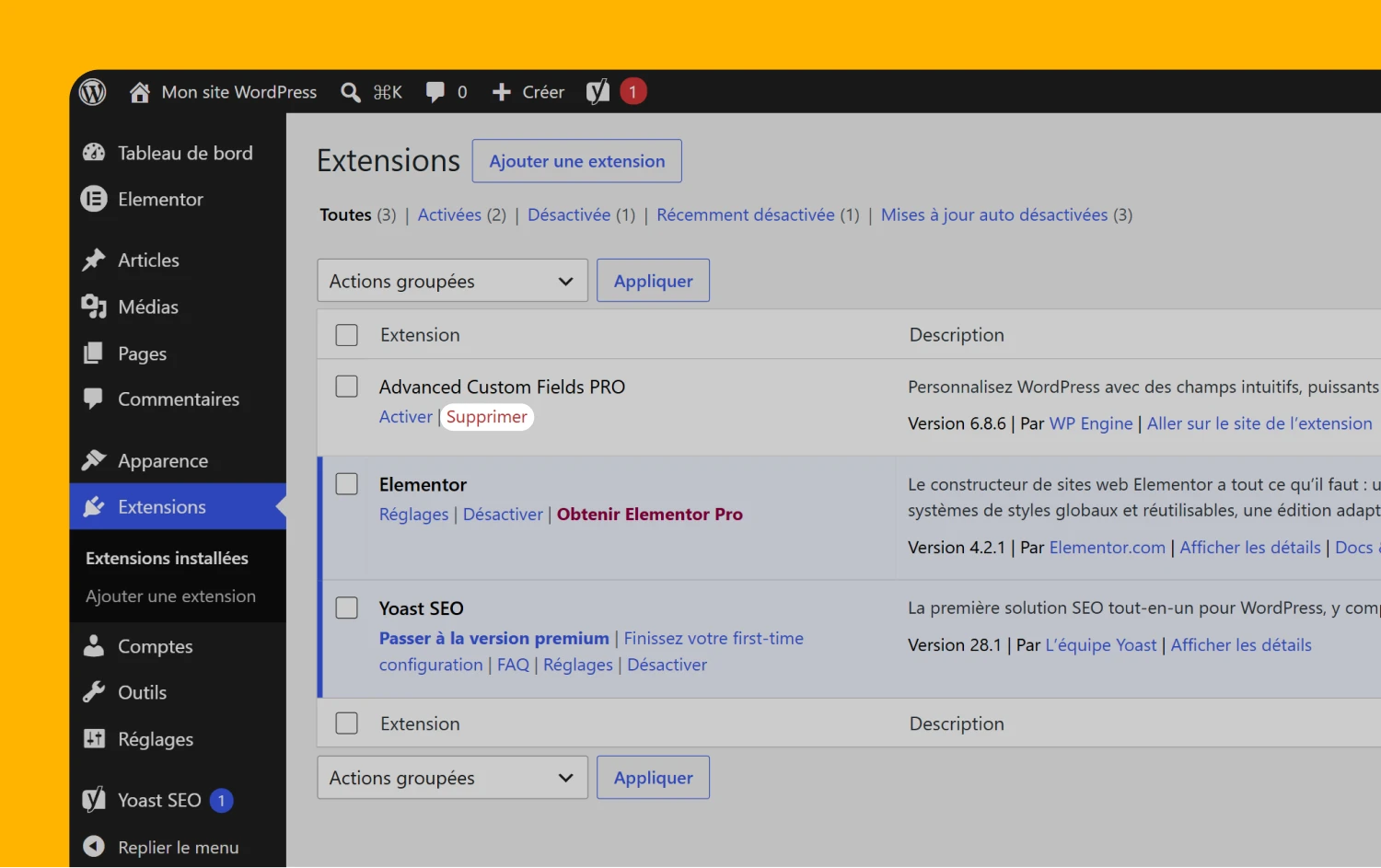 Supprimer une extension WordPress
